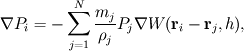 \nabla P_i=-\displaystyle\sum\limits_{j=1}^{N}\frac{m_j}{\rho_j}P_j\nabla W(\mathbf{r}_i-\mathbf{r}_j,h),