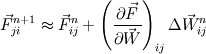 \vec{F}_{ji}^{n+1} \approx \vec{F}^n_{ij} + \left( \frac{\partial \vec{F}}{\partial \vec{W}} \right)_{ij} \Delta \vec{W}^n_{ij}