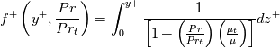f^+\left(y^+,\frac{Pr}{Pr_t}\right)=\int_0^{y+}{\frac{1}{\left[1+\left(\frac{Pr}{Pr_t}\right)\left(\frac{\mu_t}{\mu}\right)\right]}dz^+}