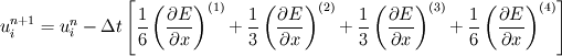 u^{n+1}_{i} = u^{n}_{i} - \Delta t \left[ 
\frac{1}{6} \left( \frac{\partial E}{\partial x} \right)^{(1)} 
+ 
\frac{1}{3} \left( \frac{\partial E}{\partial x} \right)^{(2)} 
+ 
\frac{1}{3} \left( \frac{\partial E}{\partial x} \right)^{(3)} 
+ 
\frac{1}{6} \left( \frac{\partial E}{\partial x} \right)^{(4)} 
\right]