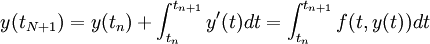 
y(t_{N+1}) = y(t_{n}) + \int_{t_n}^{t_{n+1}} y^\prime (t) dt =  \int_{t_n}^{t_{n+1}} f(t,y(t)) dt
