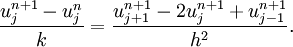  \frac{u_j^{n+1} - u_j^{n}}{k} =\frac{u_{j+1}^{n+1} - 2u_j^{n+1} + u_{j-1}^{n+1}}{h^2}. \, 