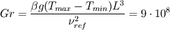 Gr=\frac{\beta g (T_{max}-T_{min}) L^3}{\nu_{ref}^2}=9 \cdot 10^8