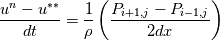 \frac{u^{n} - u^{**}}{dt} = \frac{1}{\rho} \left(\frac{P_{i+1,j} - P_{i-1,j}}{2 dx}\right)