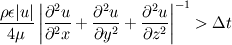 \frac{\rho\epsilon |u|}{4\mu}\left|\frac{\partial^2 u}{\partial^2 x}+\frac{\partial^2 u}{\partial y^2} +\frac{\partial^2 u}{\partial z^2} \right|^{-1}> \Delta t