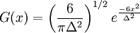 
G(x) = \left( \frac{6}{\pi \Delta^2} \right)^{1/2} e^{ \frac{-6 x^2}{\Delta^2}}
