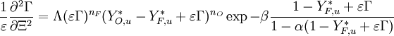  \frac{1}{\varepsilon}\frac{\partial^2 \Gamma}{\partial \Xi^2} = \Lambda (\varepsilon \Gamma)^{n_F} (Y_{O,u}^*-Y_{F,u}^*+\varepsilon\Gamma)^{n_O}\exp{-\beta\frac{1-Y_{F,u}^*+\varepsilon\Gamma}{1-\alpha(1-Y_{F,u}^*+\varepsilon\Gamma)}}